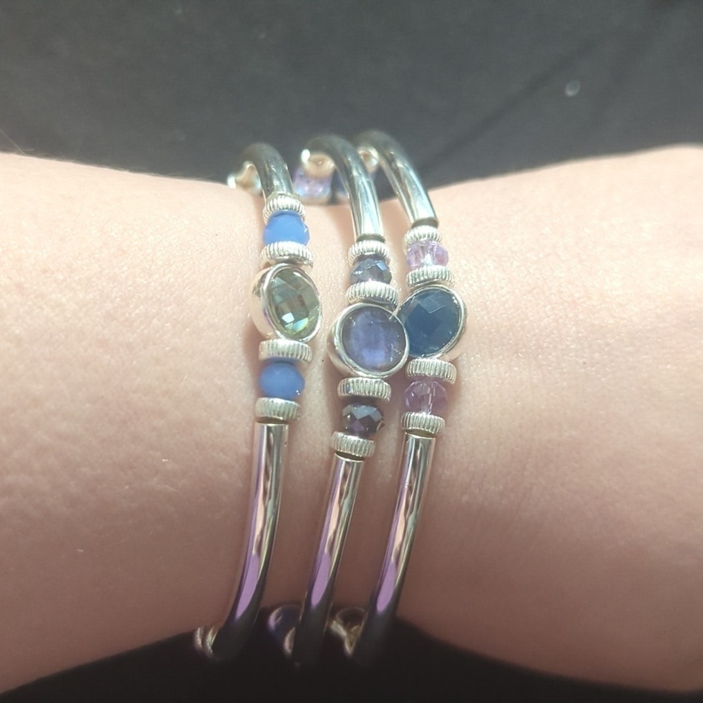 Nine West Silver Tone Blue Bead Rhinestone Stretchy Elastic Statement Bracelets